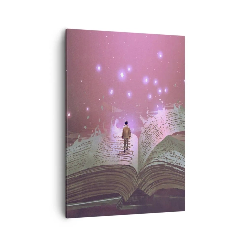 Bild auf Leinwand - Leinwandbild - Eine Figur tritt in einem magischen Licht auf ein offenes Buch. - 50x70cm - Einladung in eine andere Welt - lesen Sie! - Moderne Wanddekoration für Wohnzimmer und Schlafzimmer ARTTOR