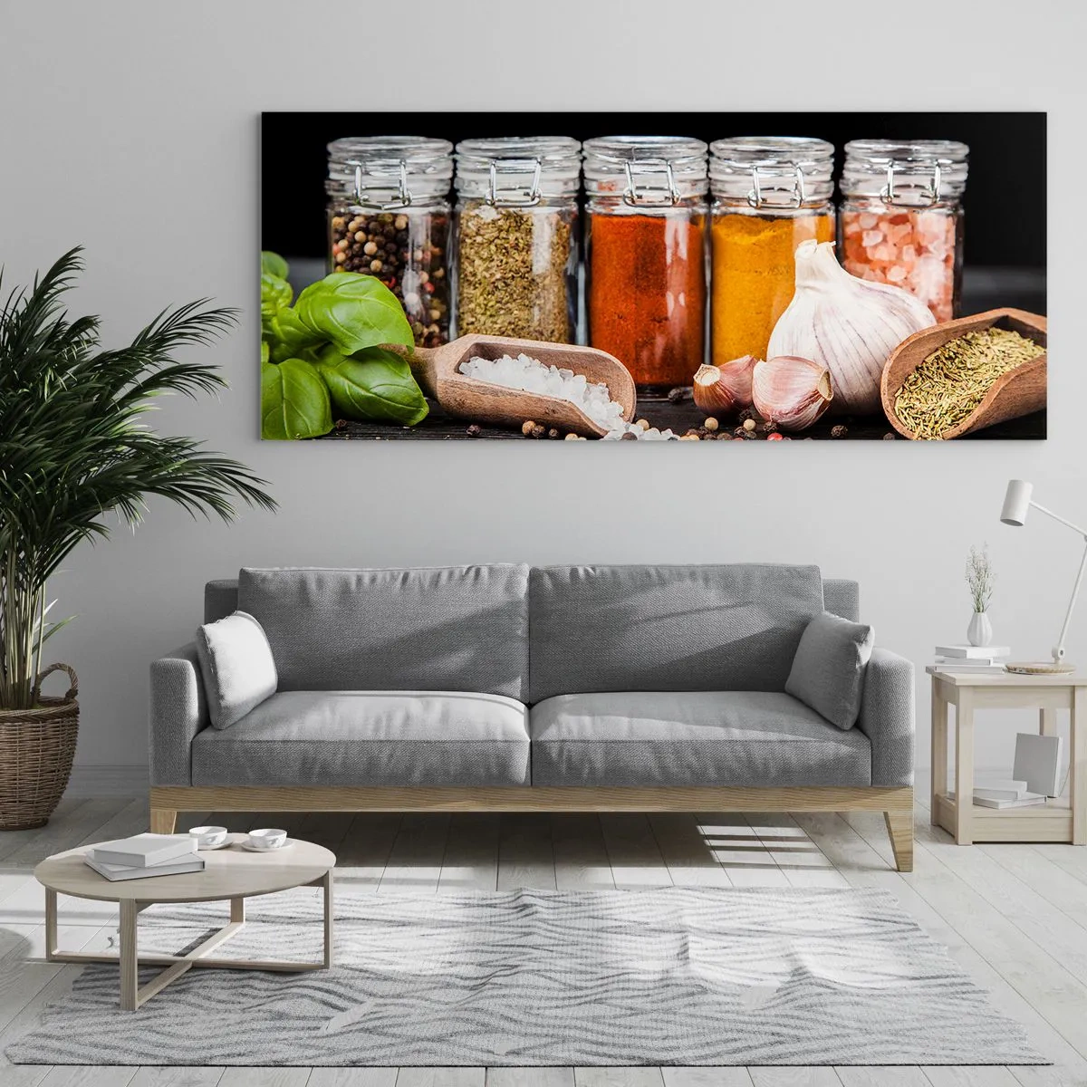 Glasbild - Bild auf glas - Kräuter und Gewürze in Gläsern auf dunklem Hintergrund - 160x50cm - Für einen Geschmack des Lebens - Moderne Wanddekoration für Wohnzimmer und Schlafzimmer ARTTOR