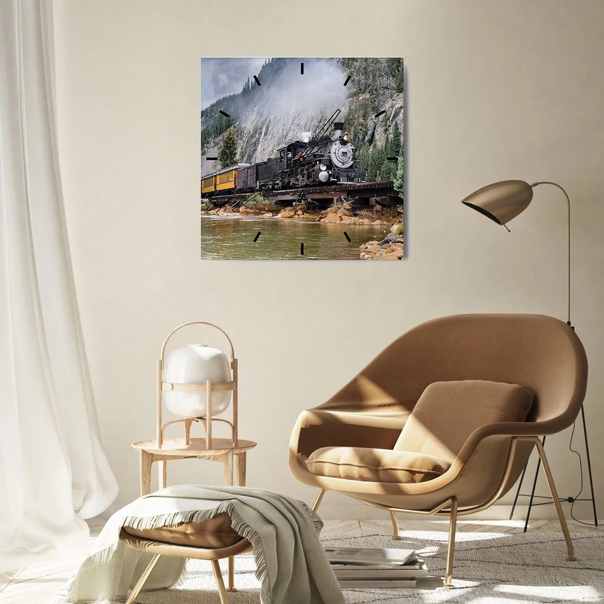 Wanduhr - Glasuhr - Eine Dampflokomotive auf einer Brücke in einer malerischen Berglandschaft - 30x30cm - Wo willst du hin? Wohin? - Moderne Wanddekoration für Wohnzimmer und Schlafzimmer ARTTOR