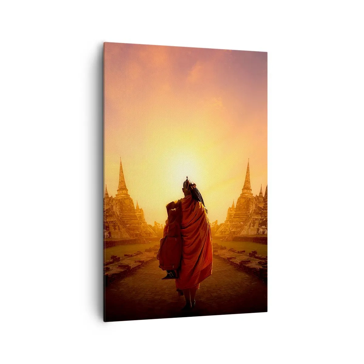 Bild auf Leinwand - Leinwandbild - Ein Mönch zwischen den Tempeln bei Sonnenuntergang - 80x120cm - In Frieden für die Ewigkeit - Moderne Wanddekoration für Wohnzimmer und Schlafzimmer ARTTOR