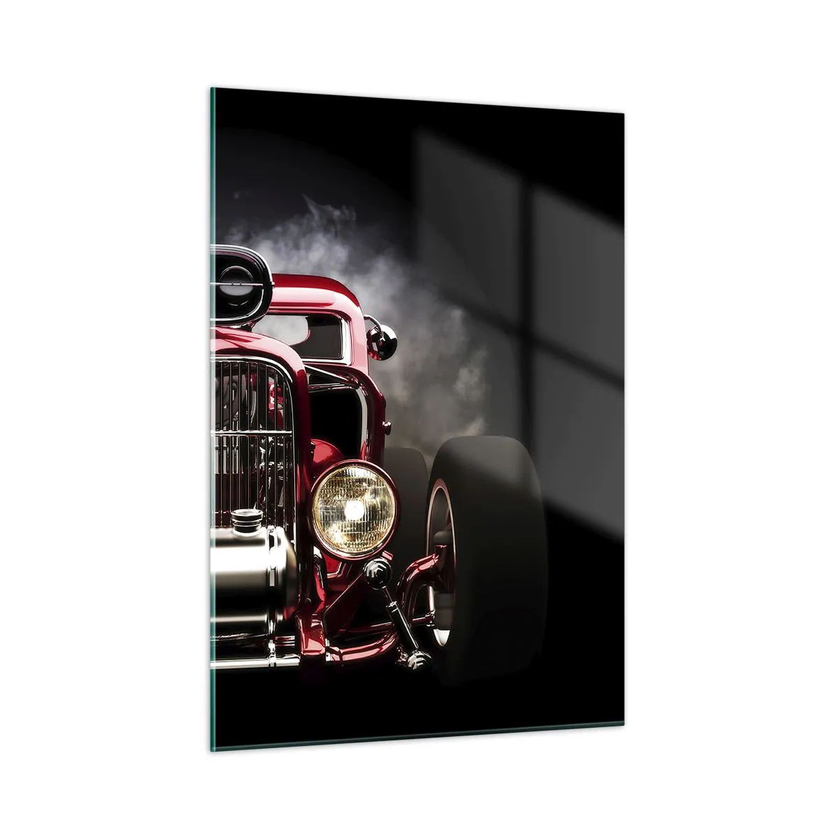 Glasbild - Bild auf glas - Roter Hot Rod in dichtem Rauch - 50x70cm - Schnell und wahnsinnig schön - Moderne Wanddekoration für Wohnzimmer und Schlafzimmer ARTTOR