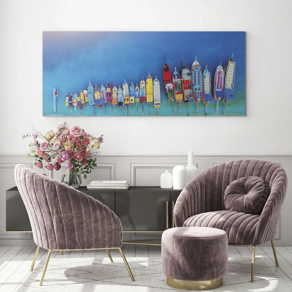 Glasbild - Bild auf glas - Bunte Boote in einer Reihe am Ufer aufgereiht - 160x50cm - Aus der Vogelperspektive - Moderne Wanddekoration für Wohnzimmer und Schlafzimmer ARTTOR