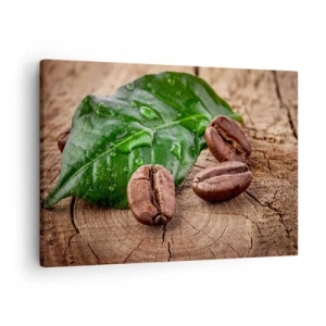 Bild auf Leinwand - Leinwandbild - Kaffeebohnen und grünes Blatt auf einem hölzernen Hintergrund - 70x50cm - Der wahrste und schwarze - Moderne Wanddekoration für Wohnzimmer und Schlafzimmer ARTTOR