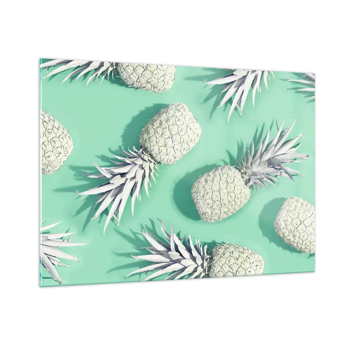 Glasbild - Bild auf glas - Weiße Ananas auf mintgrünem Hintergrund in einer künstlerischen Komposition - 100x70cm - Das passt gut zu Minze - Moderne Wanddekoration für Wohnzimmer und Schlafzimmer ARTTOR