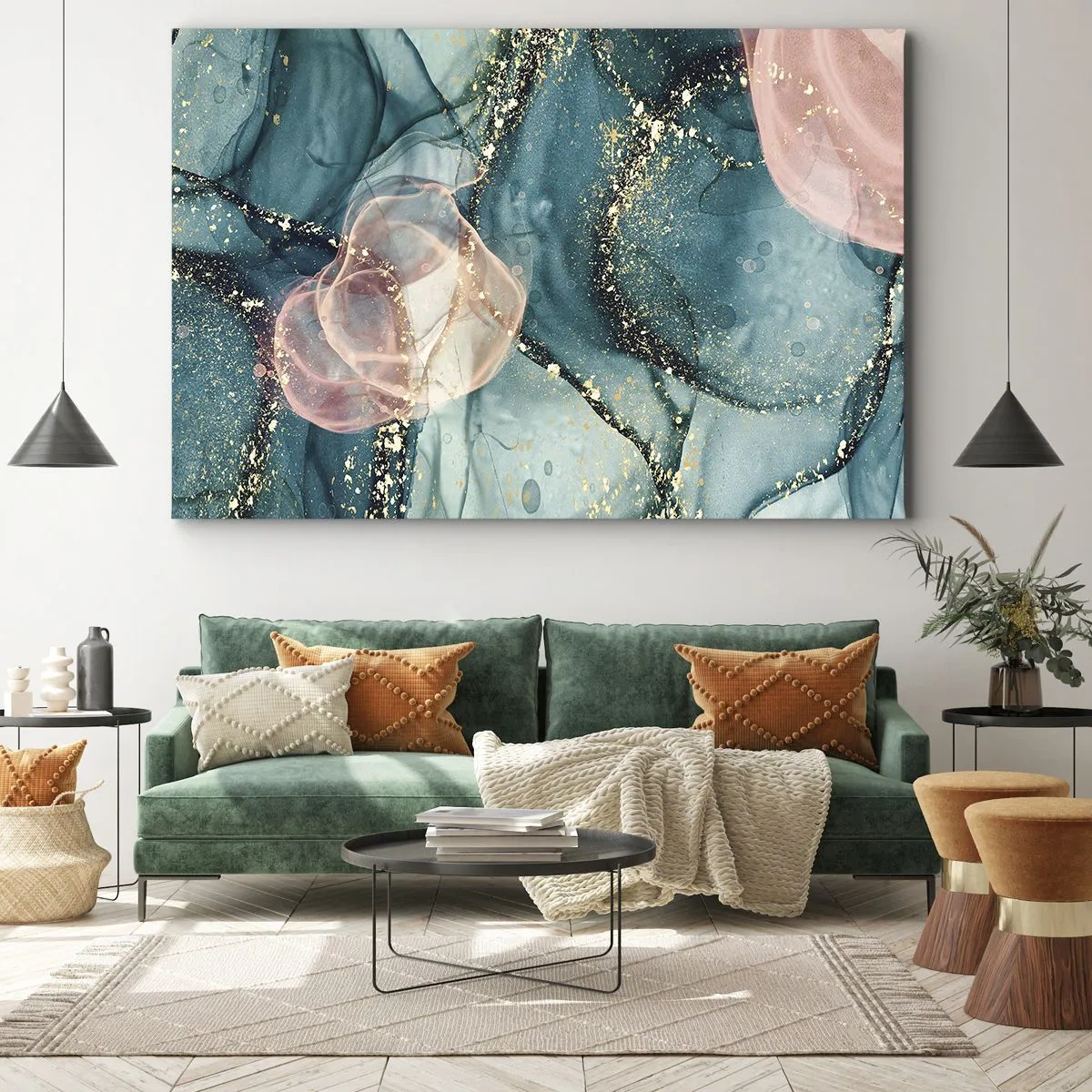 Bild auf Leinwand - Leinwandbild - Eine abstrakte Komposition in Türkis- und Goldtönen. - 70x50cm - Seidenblau, Tüllrosa - Moderne Wanddekoration für Wohnzimmer und Schlafzimmer ARTTOR