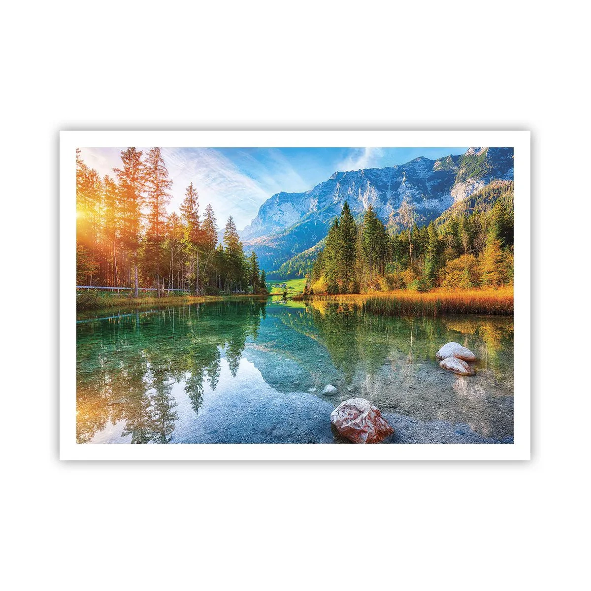Poster - Ein malerischer See, umgeben von Bergen und Wäldern - 100x70cm - Die Sanftheit des Herbstes - Moderne Wanddekoration für Wohnzimmer und Schlafzimmer ARTTOR