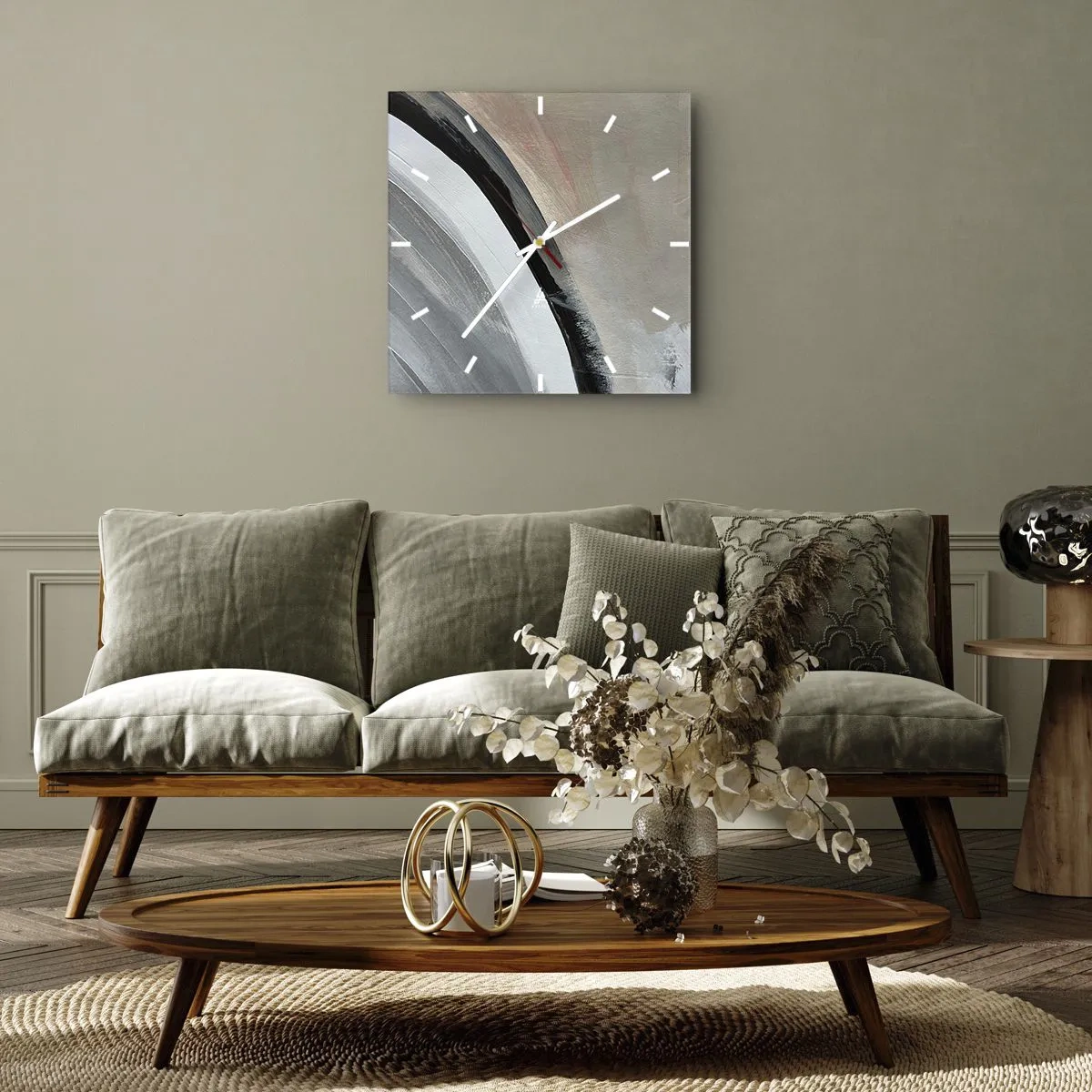 Wanduhr - Glasuhr - Abstrakter Bogen in Schwarz-, Grau- und Beigetönen - 30x30cm - Komposition: Bogen aus Schwarz und Grau - Moderne Wanddekoration für Wohnzimmer und Schlafzimmer ARTTOR