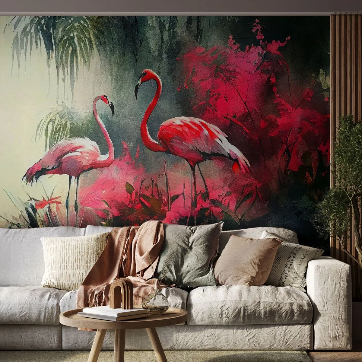 Fototapete Premium Sand - Zwei Flamingos am Wasser zwischen rosa Pflanzen - 100x70cm - Lektion in natürlicher Anmut - Moderne Wanddekoration für Wohnzimmer und Schlafzimmer ARTTOR