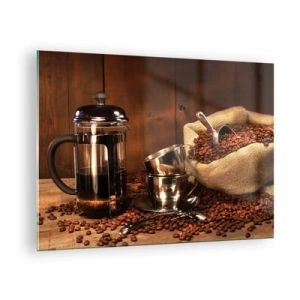 Glasbild - Bild auf glas - Kaffeemaschine, Tassen und eine Tüte Kaffeebohnen - 70x50cm - Der Charme des Kaffees - Aroma und Geschmack - Moderne Wanddekoration für Wohnzimmer und Schlafzimmer ARTTOR