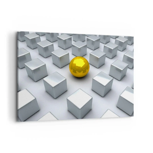 Bild auf Leinwand - Leinwandbild - Eine goldene Kugel, die zwischen den silbernen Würfeln hervorsticht - 100x70cm - Warum ich? Geometrische Zusammensetzung - Moderne Wanddekoration für Wohnzimmer und Schlafzimmer ARTTOR