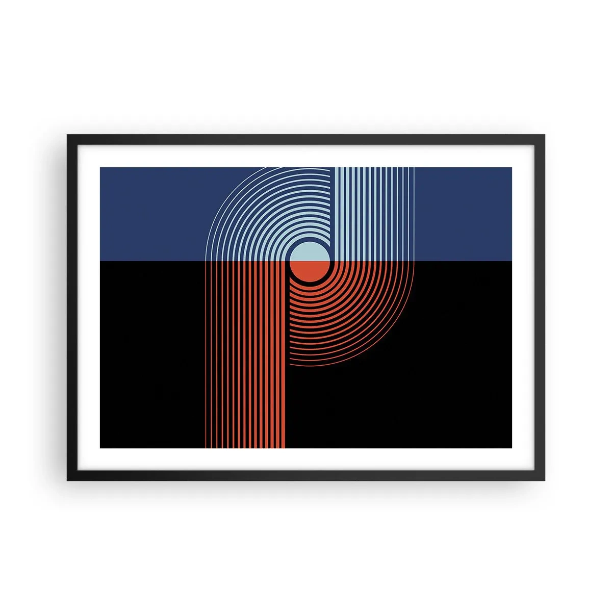 Poster in einem schwarzem Rahmen - Geometrische Abstraktion mit Linien in Marineblau und Orange. - 70x50cm - In einer geometrischen Umarmung - Moderne Wanddekoration für Wohnzimmer und Schlafzimmer ARTTOR