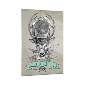 Glasbild - Bild auf glas - Geometrische Zeichnung eines Hirsches mit der Aufschrift Wild Life - 50x70cm - St. sehen Hubertus - Moderne Wanddekoration für Wohnzimmer und Schlafzimmer ARTTOR