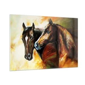 Glasbild - Bild auf glas - Zwei Pferde in einer kunstvollen, dynamischen Komposition - 100x70cm - Doppelt anmutig - Moderne Wanddekoration für Wohnzimmer und Schlafzimmer ARTTOR
