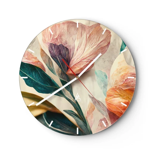 Wanduhr - Glasuhr - Bunte tropische Blumen im malerischen Stil auf hellem Hintergrund - 30x30cm - Blumen der südlichen Inseln - Moderne Wanddekoration für Wohnzimmer, Küche und Schlafzimmer ARTTOR