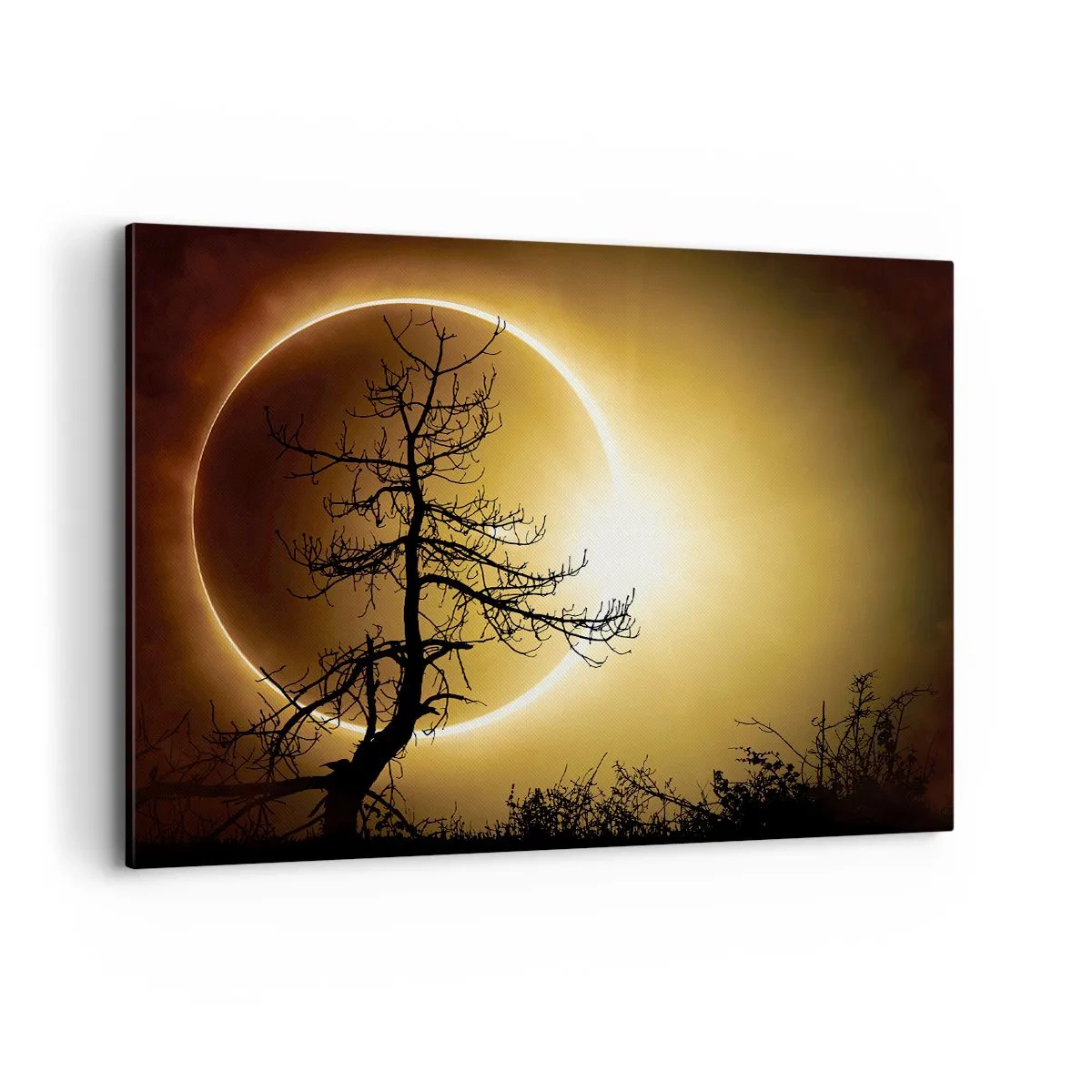Bild auf Leinwand - Leinwandbild - Sonnenfinsternis mit einer Baumsilhouette im Vordergrund - 100x70cm - Totale Finsternis - Moderne Wanddekoration für Wohnzimmer und Schlafzimmer ARTTOR