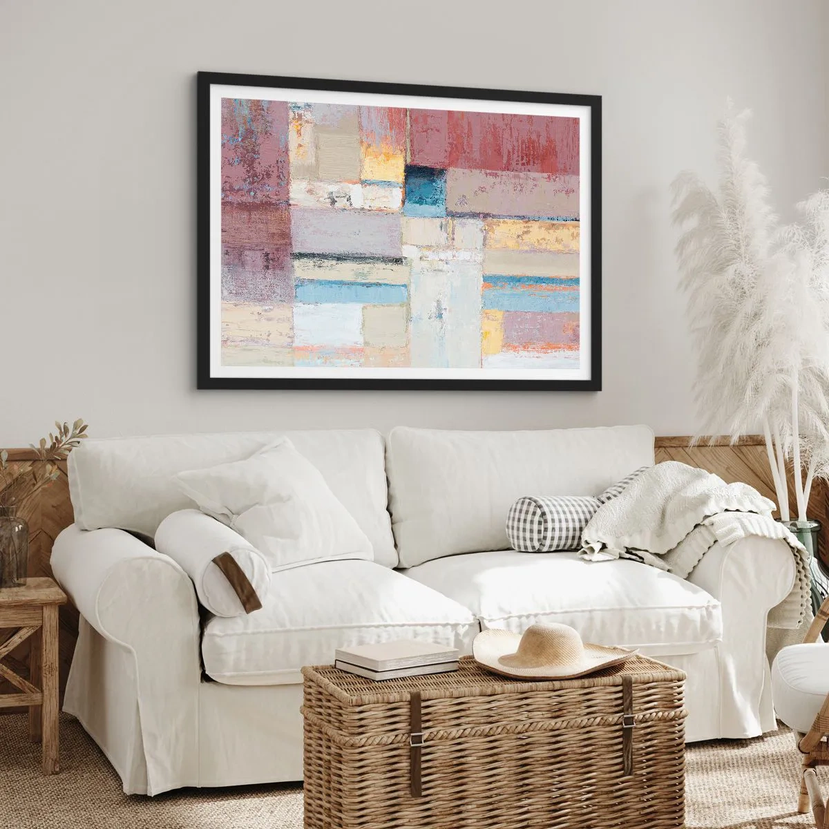 Poster in einem schwarzem Rahmen - Geometrische Komposition in Pastellfarben - 100x70cm - Ruhe der Geometrie - Moderne Wanddekoration für Wohnzimmer und Schlafzimmer ARTTOR