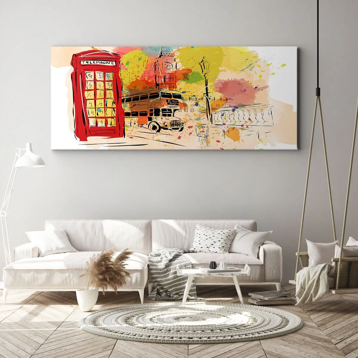 Bild auf Leinwand - Leinwandbild - London-Thema mit rotem Bus und Stand - 160x50cm - Die Stadt der Vielfalt - Moderne Wanddekoration für Wohnzimmer und Schlafzimmer ARTTOR