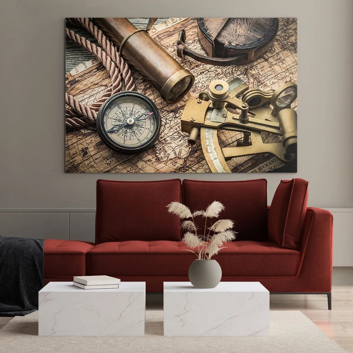 Glasbild - Bild auf glas - Kompass, Karte und Navigationshilfen im Retro-Stil - 120x80cm - Setze Sie einen Kurs - Moderne Wanddekoration für Wohnzimmer und Schlafzimmer ARTTOR