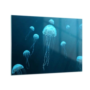 Glasbild - Bild auf glas - Quallen schwimmen im tiefblauen Ozean - 70x50cm - Ozeantanz - Moderne Wanddekoration für Wohnzimmer und Schlafzimmer ARTTOR