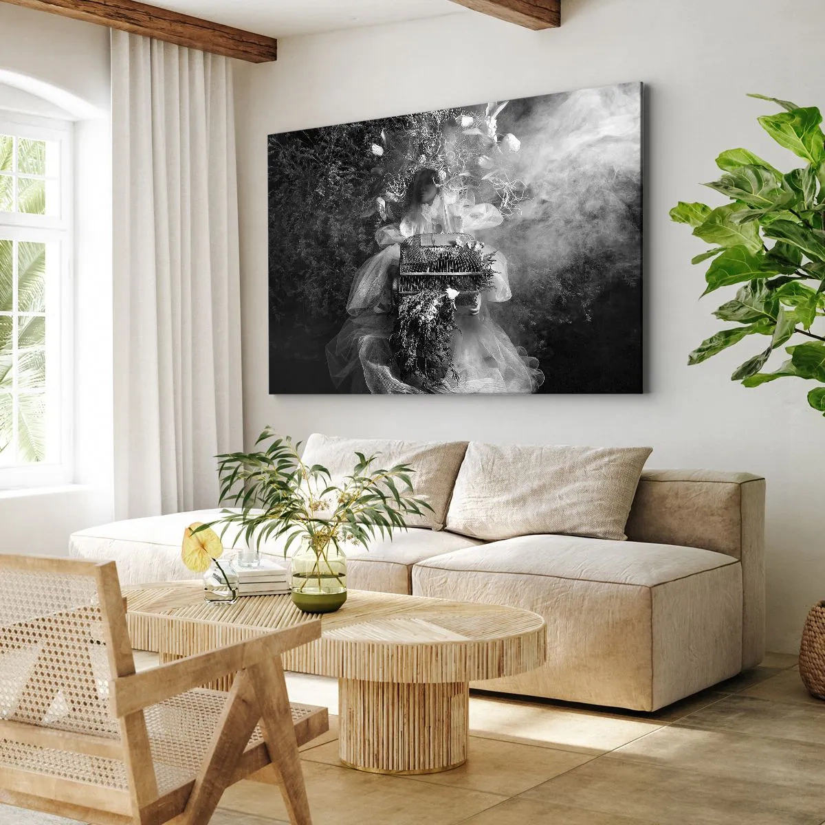 Bild auf Leinwand - Leinwandbild - Eine Schwarz-Weiß-Komposition mit einer Figur in einem Kleid und einem Käfig im Nebel. - 120x80cm - Mutter selbst - Natur - Moderne Wanddekoration für Wohnzimmer und Schlafzimmer ARTTOR