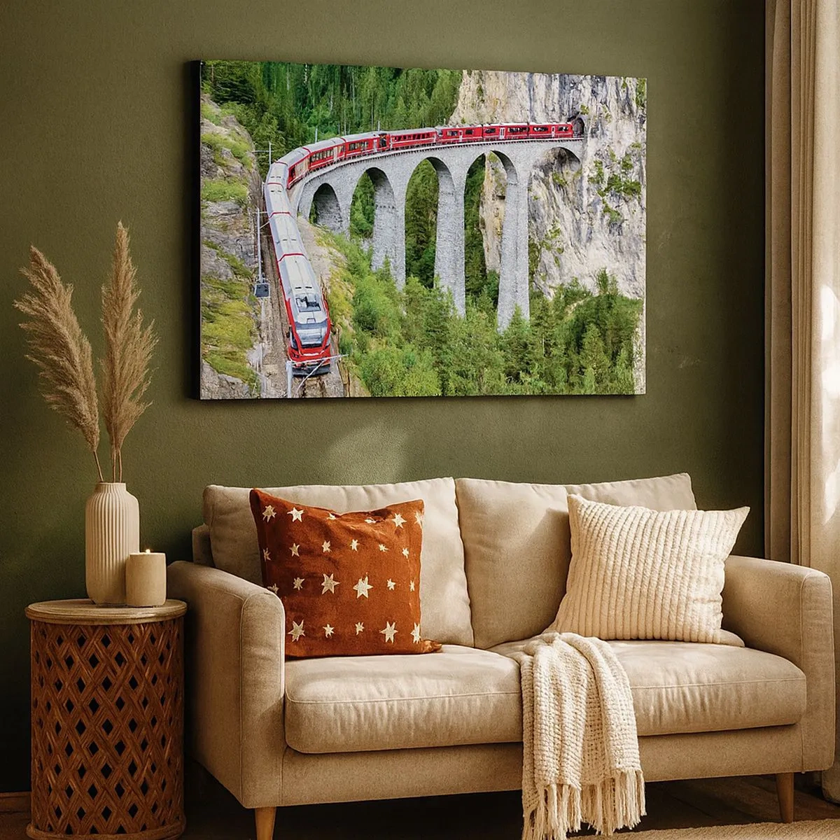 Bild auf Leinwand - Leinwandbild - Ein Zug auf einem malerischen Viadukt in einer Berglandschaft - 70x50cm - Eisenbahn für Bergblick - Moderne Wanddekoration für Wohnzimmer und Schlafzimmer ARTTOR