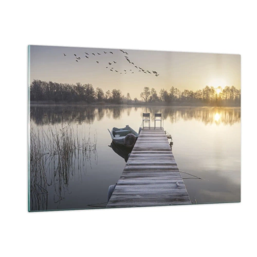 Glasbild - Bild auf glas - Morgen am See mit Pier - 120x80cm - Ich komme nach einiger Zeit zurück - Moderne Wanddekoration für Wohnzimmer und Schlafzimmer ARTTOR
