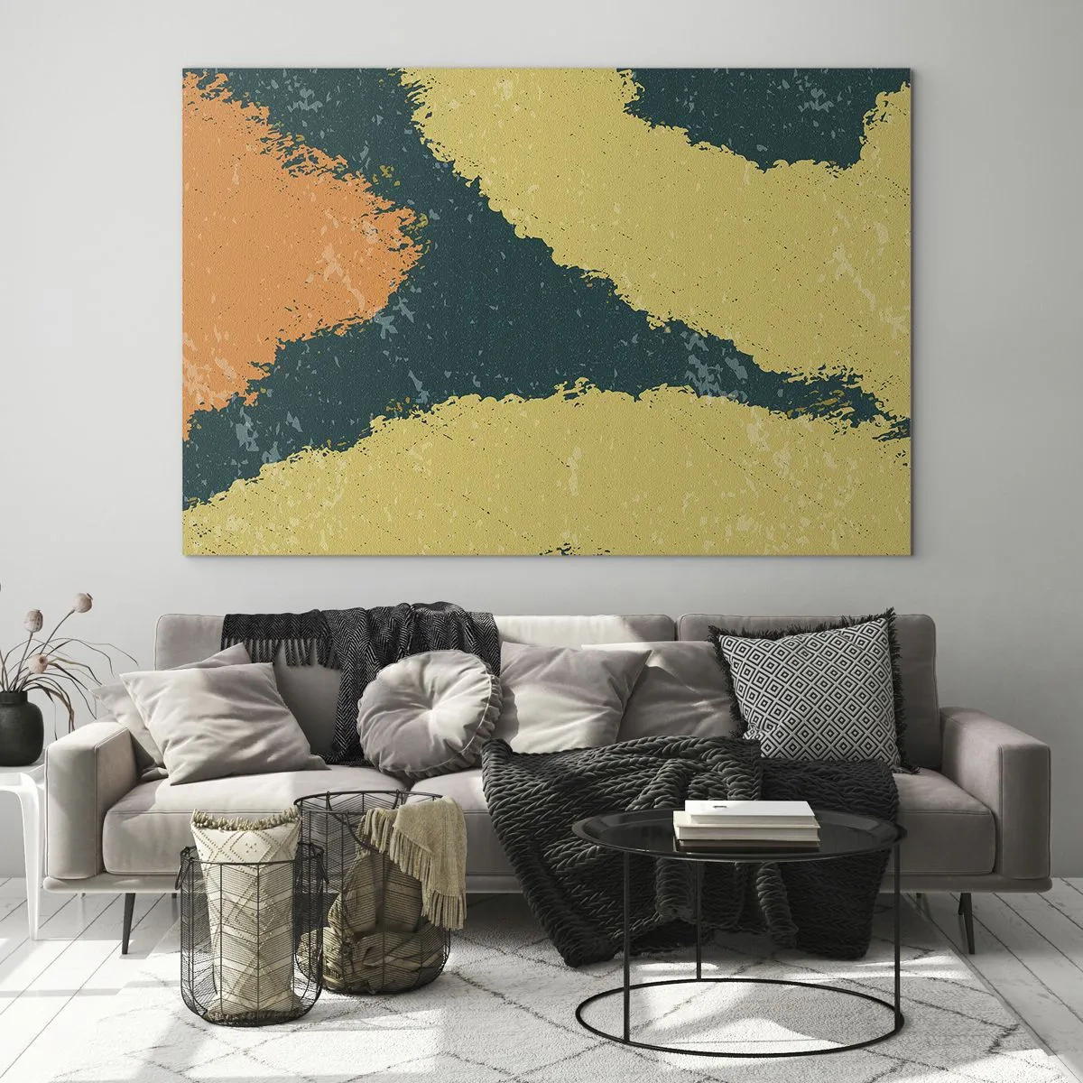 Glasbild - Bild auf glas - Eine fließende Abstraktion in Senf, Grün und Orange. - 120x80cm - Abstraktion – langsame Bewegung - Moderne Wanddekoration für Wohnzimmer und Schlafzimmer ARTTOR