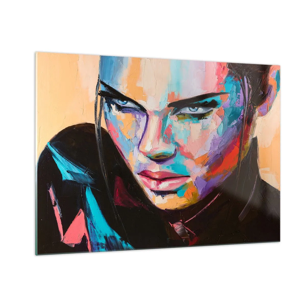 Glasbild - Bild auf glas - Porträt einer Frau in leuchtenden Farben vor abstraktem Hintergrund - 100x70cm - Wild im Herzen - Moderne Wanddekoration für Wohnzimmer und Schlafzimmer ARTTOR