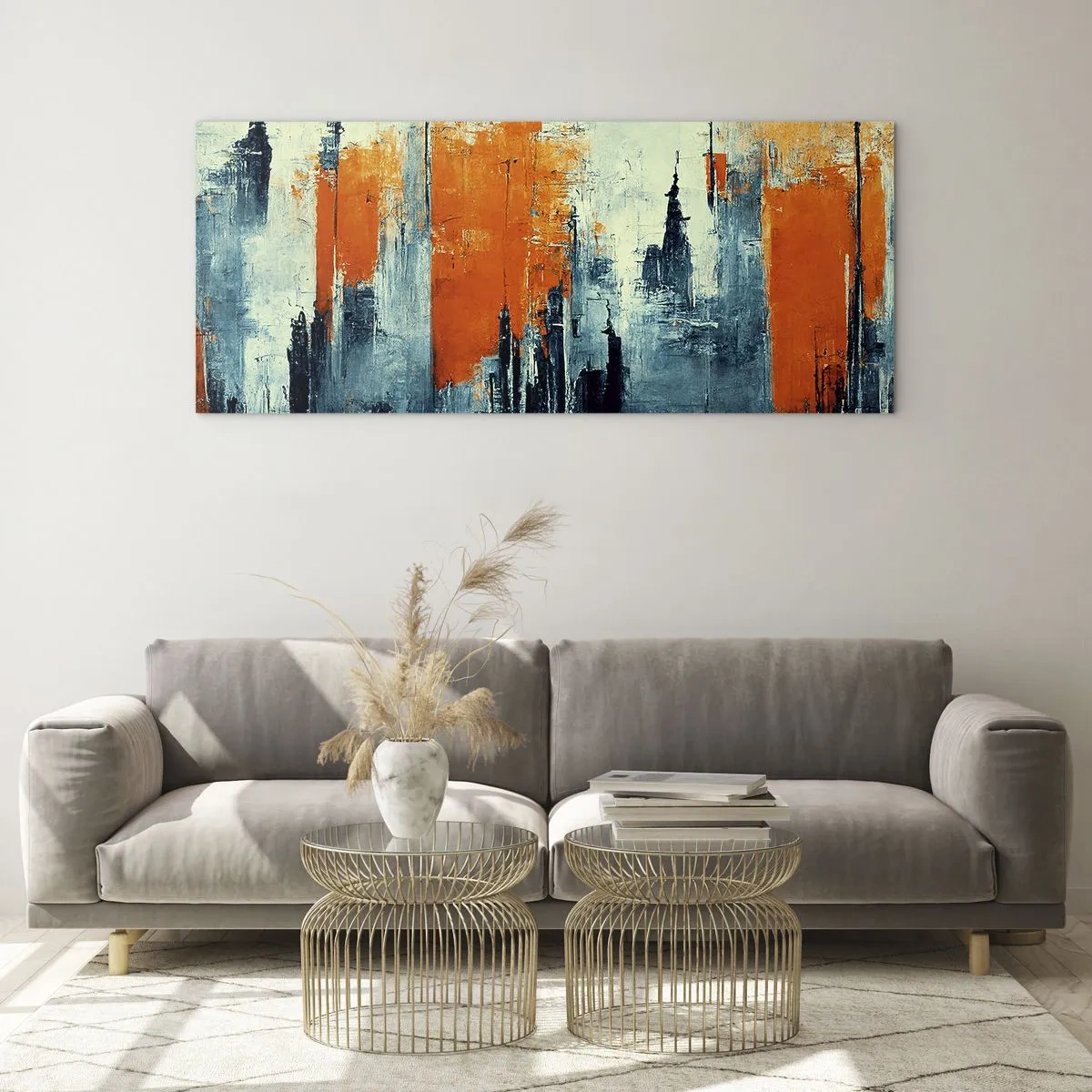 Glasbild - Bild auf glas - Abstrakte Stadtlandschaft in Orange- und Blautönen - 140x50cm - Moderne Landschaft - Moderne Wanddekoration für Wohnzimmer und Schlafzimmer ARTTOR