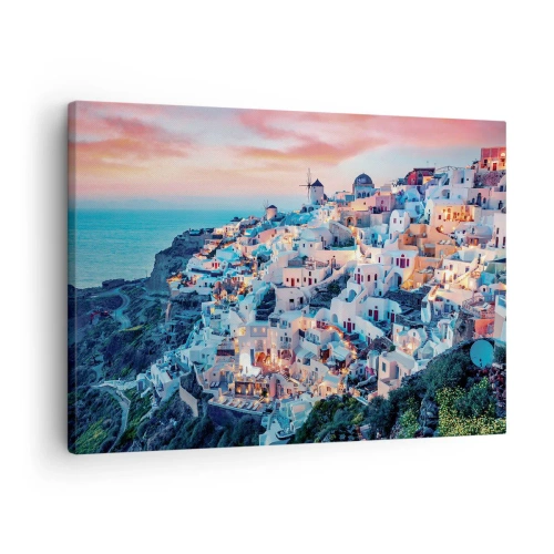 Bild auf Leinwand - Leinwandbild - Santorini bei Sonnenuntergang mit weißen Gebäuden auf dem Hügel - 70x50cm - Dein toller griechischer Urlaub - Moderne Wanddekoration für Wohnzimmer und Schlafzimmer ARTTOR