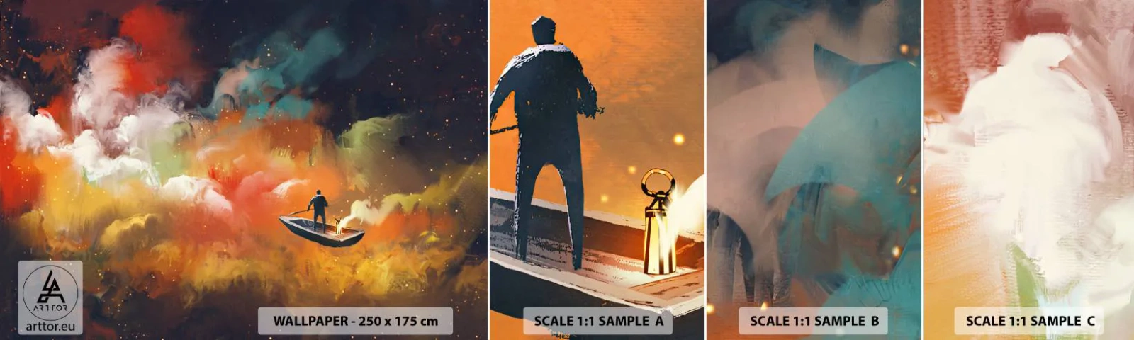 Fototapeten Muster Selbstklebend Deluxe Sticker - Mit dem Boot durch die Galaxie - Abstraktion, Fantasie, Reise - 100x30 cm