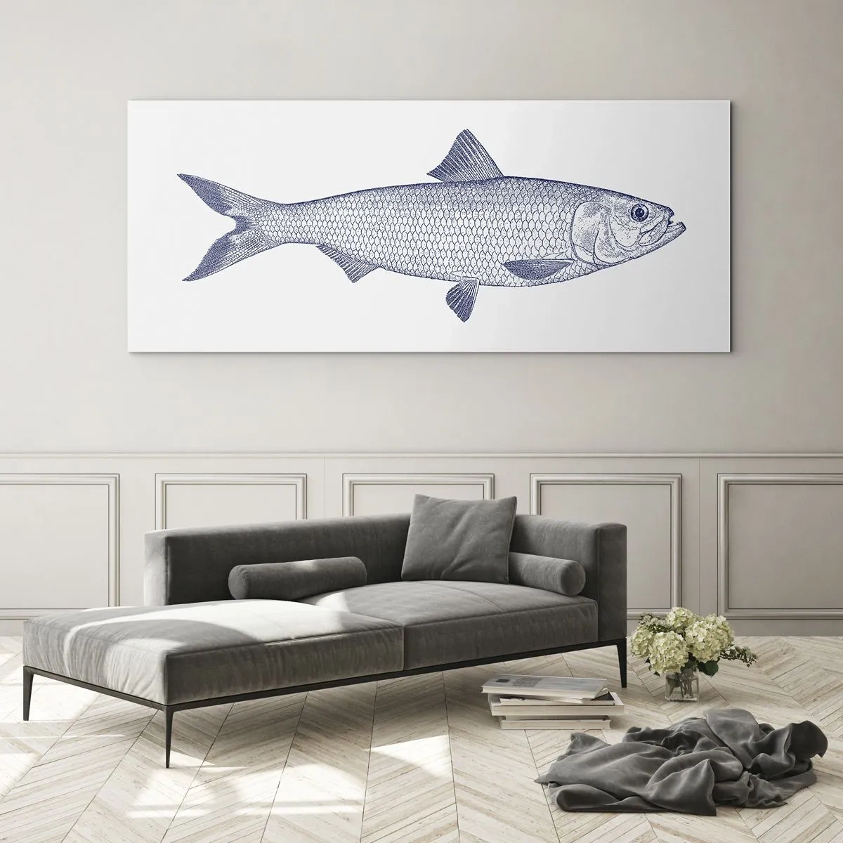 Glasbild - Bild auf glas - Illustration eines Fisches in Blautönen auf hellem Hintergrund - 120x50cm - Grüße aus den nördlichen Meeren - Moderne Wanddekoration für Wohnzimmer und Schlafzimmer ARTTOR