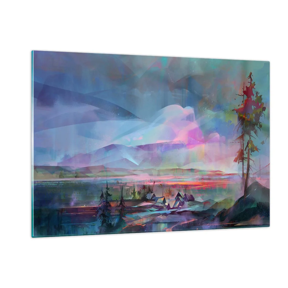 Glasbild - Bild auf glas - Eine farbenfrohe Landschaft mit Bergen und Hütten im surrealen Stil. - 120x80cm - Unter einem wohlwollenden Himmel - Moderne Wanddekoration für Wohnzimmer und Schlafzimmer ARTTOR