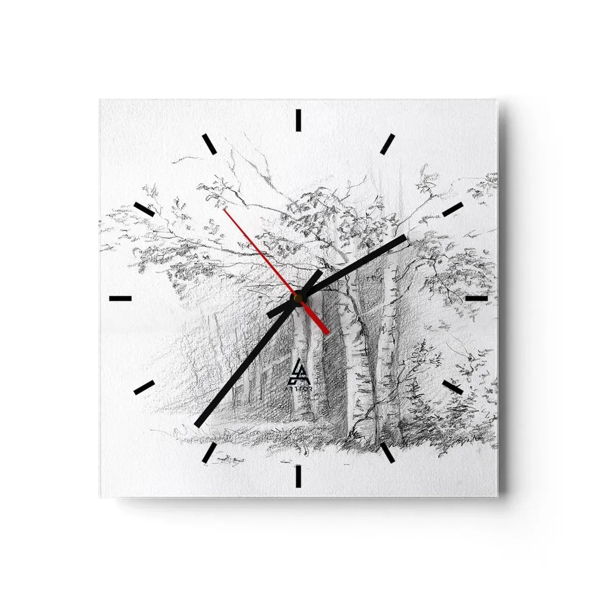 Wanduhr - Glasuhr - Eine Zeichnung eines Birkenwaldes in einer subtilen Bleistiftskizze - 30x30cm - Das Licht des Birkenwaldes - Moderne Wanddekoration für Wohnzimmer und Schlafzimmer ARTTOR