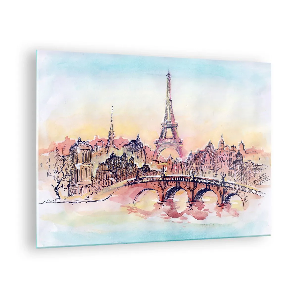 Glasbild - Bild auf glas - Ein Panorama von Paris mit dem Eiffelturm in einem zarten Aquarellstil - 70x50cm - Die einzige Stadt dieser Art auf der Welt - Moderne Wanddekoration für Wohnzimmer und Schlafzimmer ARTTOR