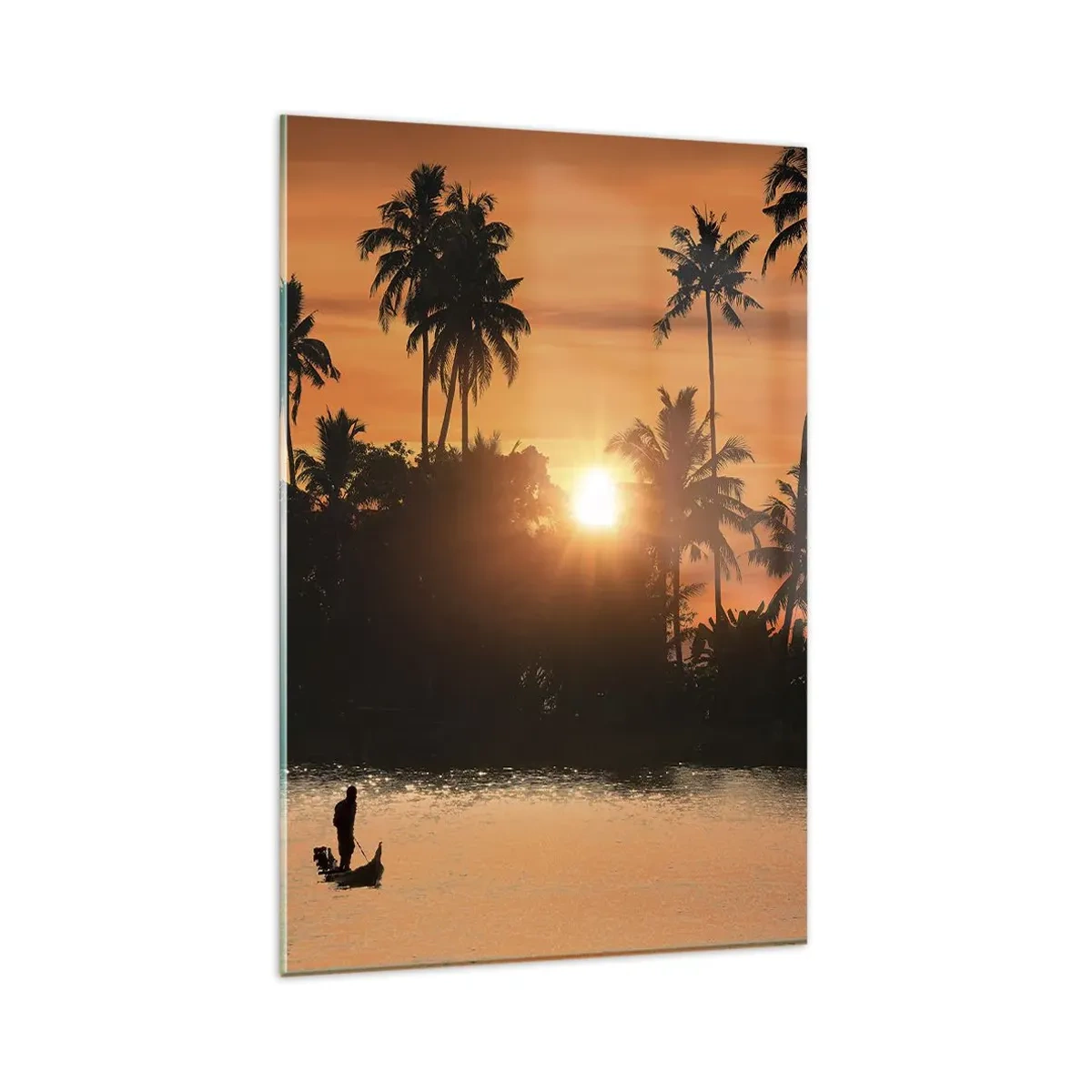 Glasbild - Bild auf glas - Sonnenuntergang über Palmen und einem ruhigen See mit einem Boot - 80x120cm - Zeit zum Entspannen - Moderne Wanddekoration für Wohnzimmer und Schlafzimmer ARTTOR