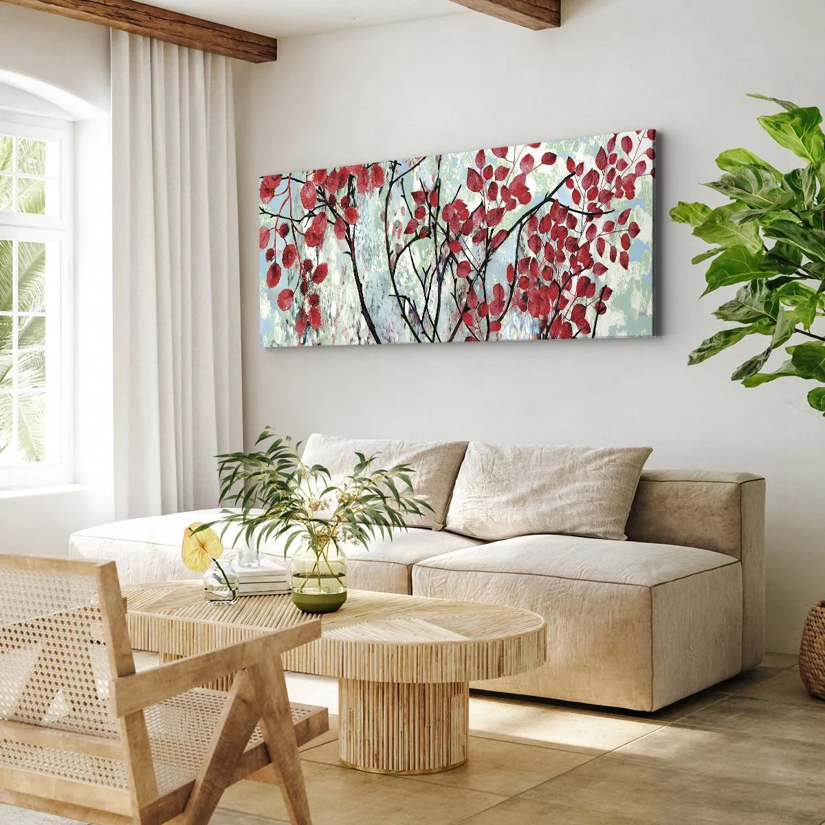Bild auf Leinwand - Leinwandbild - Rote Blätter vor einem hellen Himmel mit abstrakten Mustern - 160x50cm - Baum in Scharlachrot - Moderne Wanddekoration für Wohnzimmer und Schlafzimmer ARTTOR
