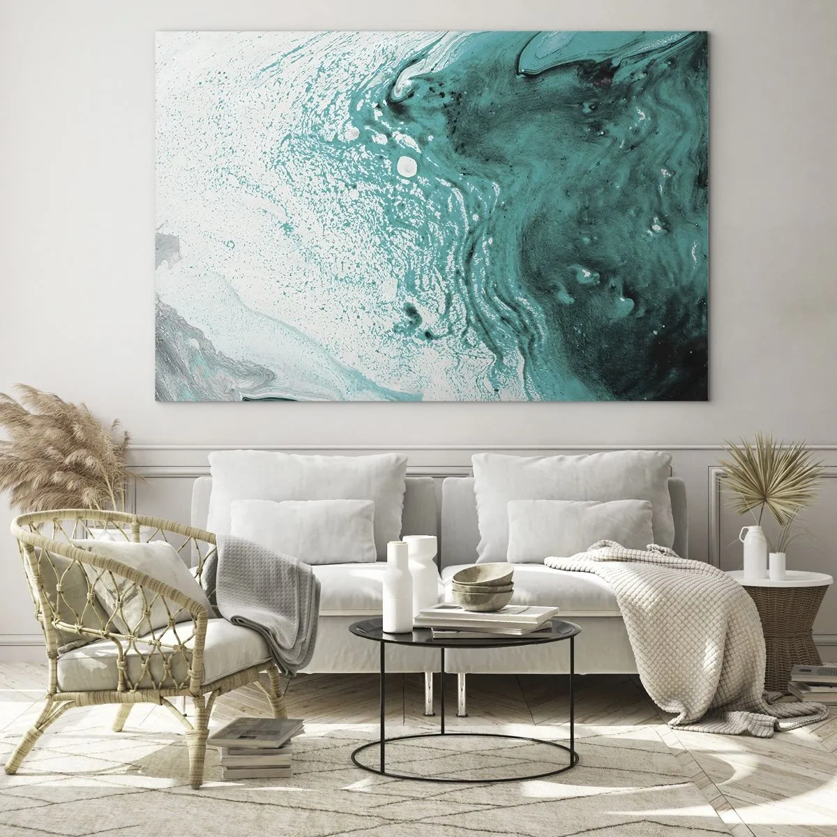Glasbild - Bild auf glas - Ein abstraktes Gemälde in Weiß- und Türkistönen - 70x50cm - Verschmelzen in Weiß und Türkis - Moderne Wanddekoration für Wohnzimmer und Schlafzimmer ARTTOR