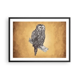 Poster in einem schwarzem Rahmen - Eine Eule im Ornamentstil auf beigem Hintergrund - 70x50cm - Kunstvolle Ornamente der Weisheit - Moderne Wanddekoration für Wohnzimmer und Schlafzimmer ARTTOR