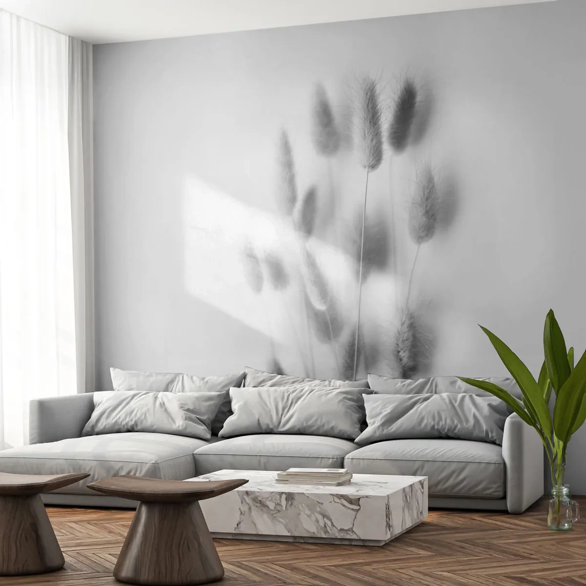 Fototapete Premium Canvas - Eure flauschige Grashoheit - Gras, Schwarz und weiß, Blumen - 200x140 cm