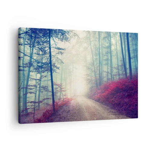 Bild auf Leinwand - Leinwandbild - Ein magischer Waldweg, umgeben von Bäumen und Nebel - 70x50cm - Wie gut ist es, im Morgengrauen aufzustehen - Moderne Wanddekoration für Wohnzimmer und Schlafzimmer ARTTOR