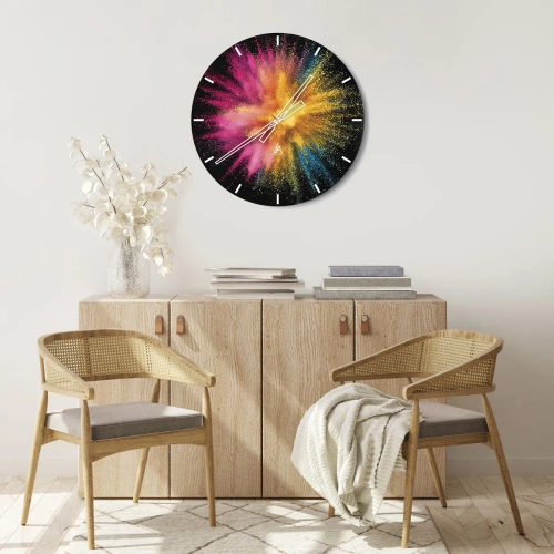 Wanduhr - Glasuhr - Eine Wanduhr in Form einer runden Uhr auf Glas mit dem Effekt einer Explosion aus farbigem Staub in Rosa-, Gelb- und Blautönen auf schwarzem Hintergrund. - 30x30cm - Die Geburt der Farben - Moderne Wanddekoration ARTTOR