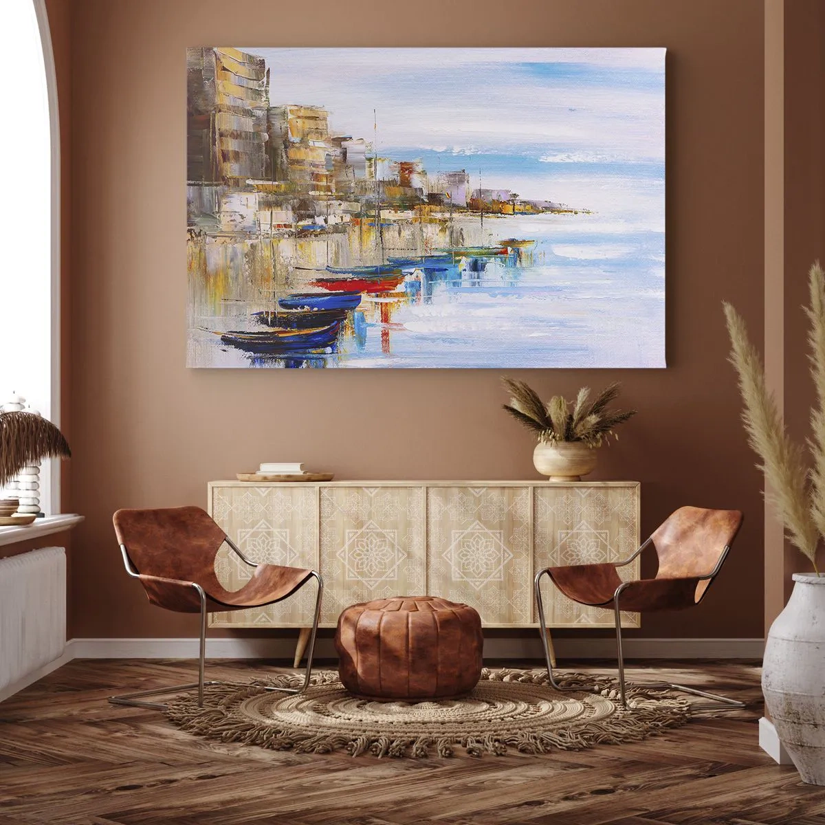 Bild auf Leinwand - Leinwandbild - Bunte Boote am Ufer mit Blick auf die Skyline der Stadt - 120x80cm - Bunte urbane Oase - Moderne Wanddekoration für Wohnzimmer und Schlafzimmer ARTTOR