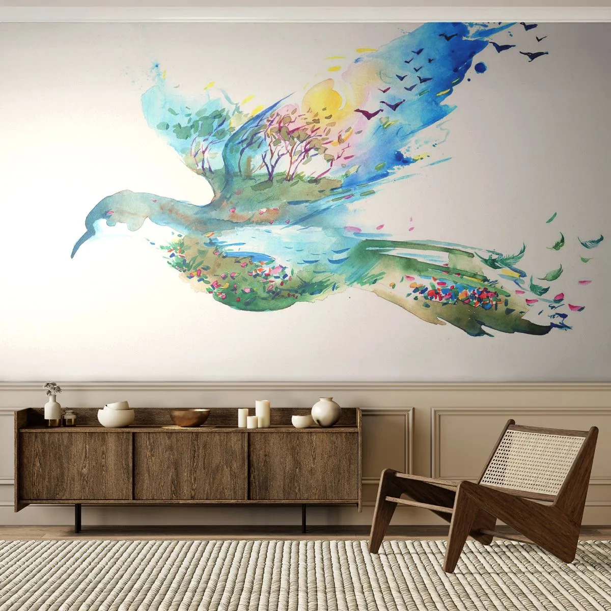 Fototapete Premium Sand - Auf den Flügeln der Natur - Abstraktion, Vogel, Sommerlandschaft - 200x140 cm