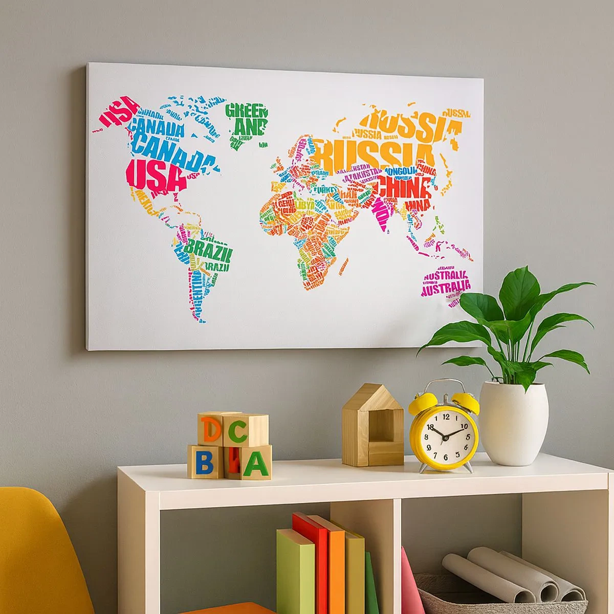 Bild auf Leinwand - Leinwandbild - Bunte Weltkarte mit Ländernamen - 70x50cm - Ich möchte sie alle treffen - Moderne Wanddekoration für Wohnzimmer und Schlafzimmer ARTTOR