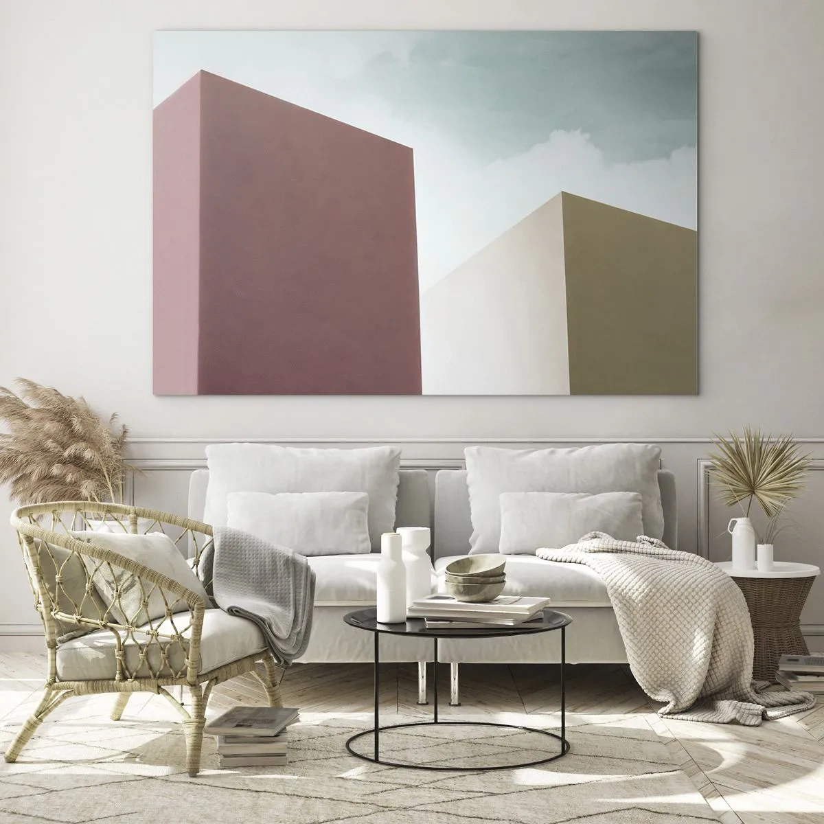 Glasbild - Bild auf glas - Geometrische Gebäude in Pastellfarben - 70x50cm - Geometrie des sonnigen Sommers - Moderne Wanddekoration für Wohnzimmer und Schlafzimmer ARTTOR