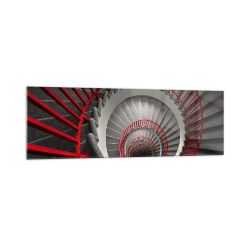 Glasbild - Bild auf glas - Wendeltreppe mit roten Handläufen in dynamischer Perspektive - 160x50cm - Architekturspaß - Moderne Wanddekoration für Wohnzimmer und Schlafzimmer ARTTOR