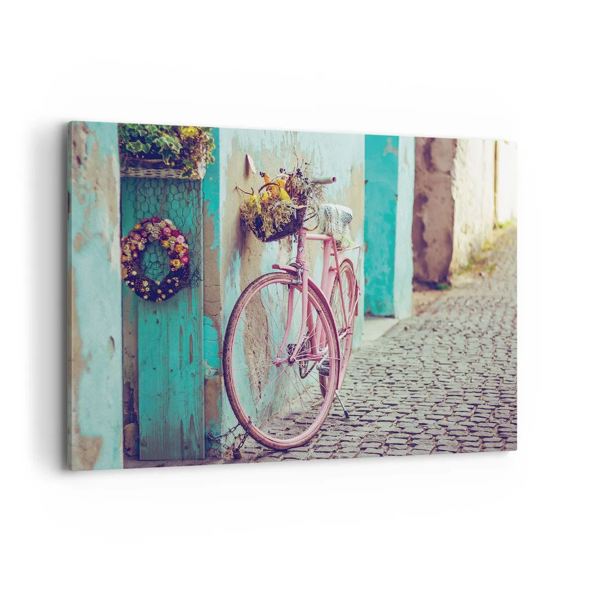 Bild auf Leinwand - Leinwandbild - Ein rosa Fahrrad neben einer türkisfarbenen Tür - 100x70cm - Ich komme gleich wieder - Moderne Wanddekoration für Wohnzimmer und Schlafzimmer ARTTOR