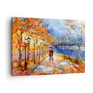 Bild auf Leinwand - Leinwandbild - Ein Herbstspaziergang im Park am Flussufer unter einem Regenschirm - 70x50cm - Gemeinsam bis an die Grenze der Zeit - Moderne Wanddekoration für Wohnzimmer und Schlafzimmer ARTTOR