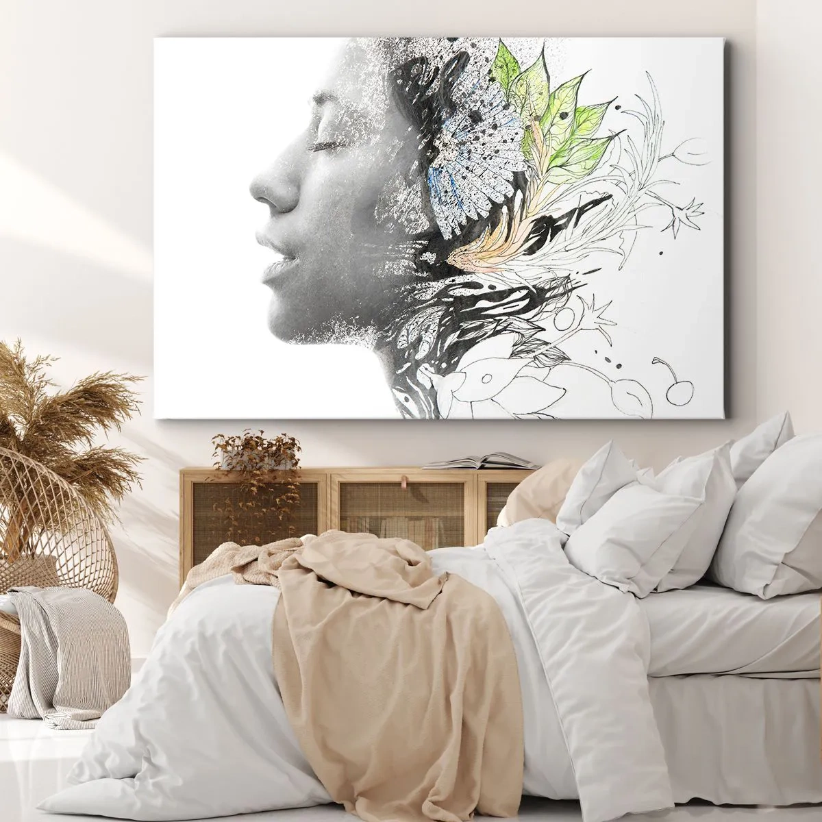 Bild auf Leinwand - Leinwandbild - Profil einer Frau in einer künstlerischen Collage aus Natur und Schwärze - 70x50cm - Eingebettet in der Natur - Moderne Wanddekoration für Wohnzimmer und Schlafzimmer ARTTOR
